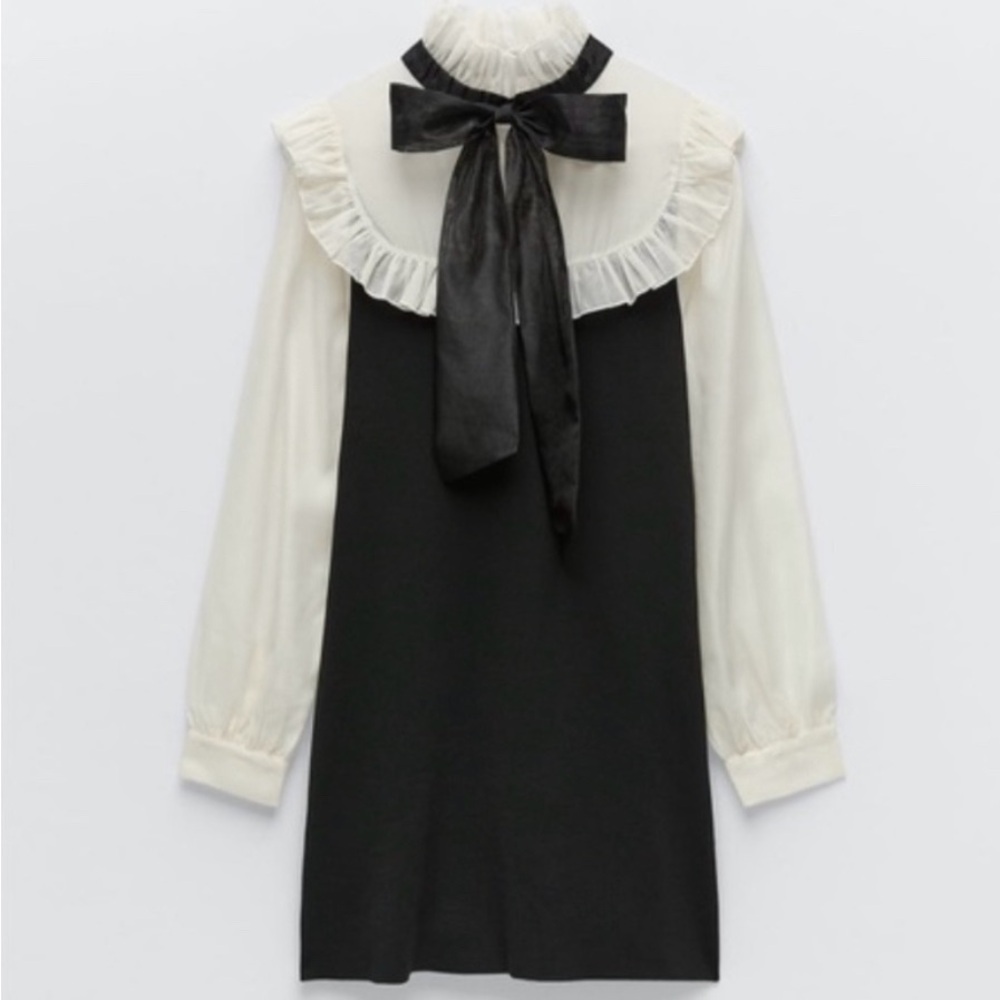 Zara black and white collared dress with bow 🎀